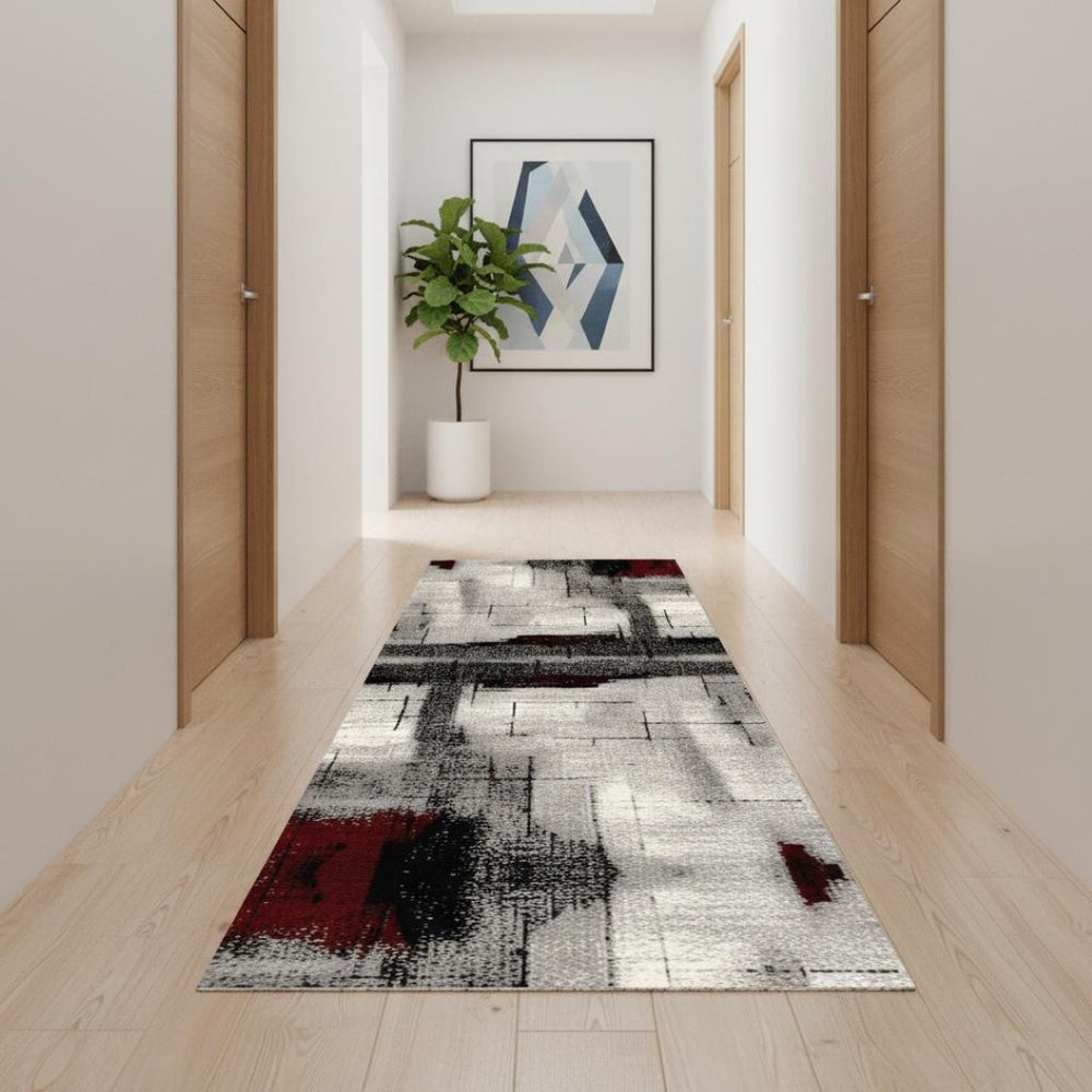 HomeRoots 16' Modern Gray and Red Abstract Runner Rug – Durable, Stain-Resistant Design for High-Traffic Areas 610130