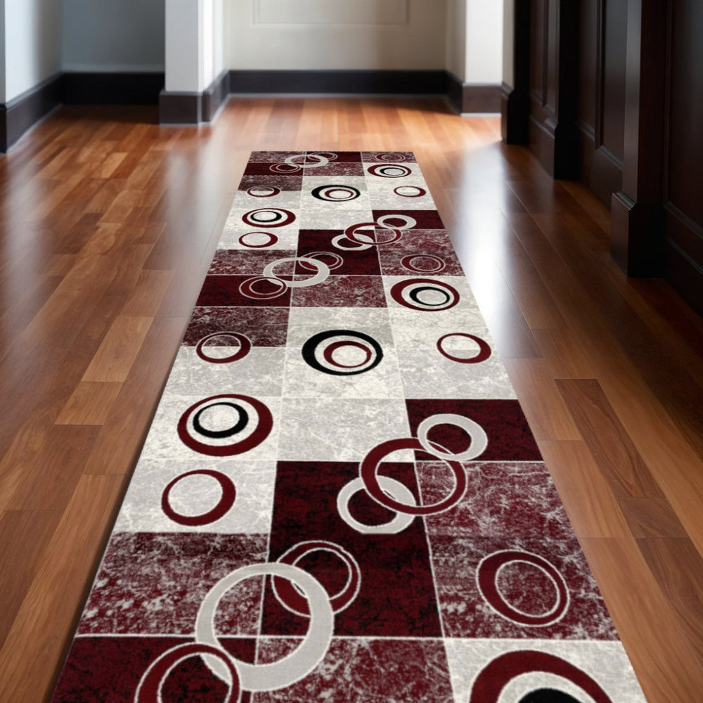 HomeRoots 2' Geometric Red and Gray Area Rug Runner - Durable, Stain-Resistant, Perfect for High-Traffic Spaces 610135