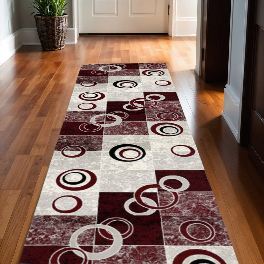 HomeRoots 2' Red and Gray Geometric Runner Rug – Durable, Modern Design Perfect for High-Traffic Areas & Homes 610136