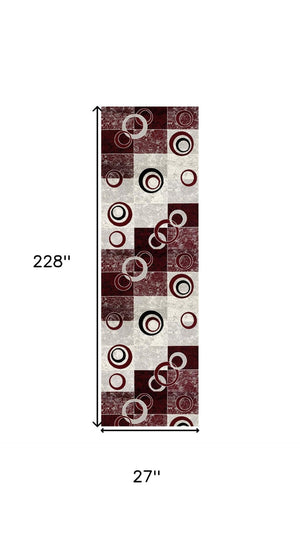 HomeRoots 19' Bold Red and Gray Geometric Runner Rug – Durable, Stain-Resistant Design for High-Traffic Areas 610137