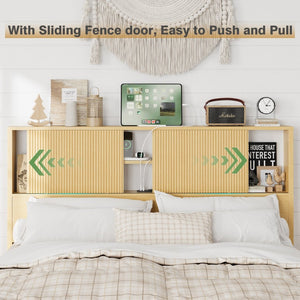English Elm Queen Storage Bed Oak Finish Sliding Barn Door Headboard with Built-in Charging T3773P417190