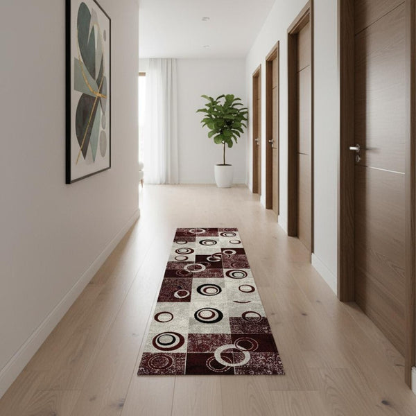 HomeRoots 17' Modern Red and Gray Geometric Runner Rug – Durable, Stylish, Easy Care for High-Traffic Areas 610139