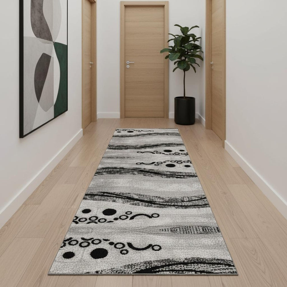 HomeRoots 18' Gray and Black Geometric Runner Rug – Durable, Stylish, Stain-Resistant for High-Traffic Areas 610143