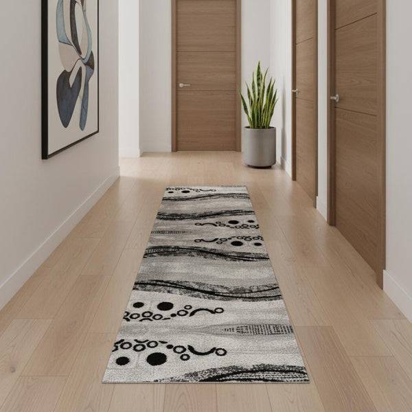 HomeRoots 16' Gray and Black Geometric Runner Rug - Modern Design, Stain-Resistant, Ideal for High-Traffic Areas 610144