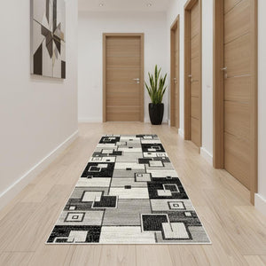 HomeRoots 18' Modern Gray and Black Geometric Runner Rug - Durable, Stylish, Stain-Resistant for High Traffic Areas 610147
