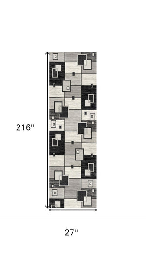 HomeRoots 18' Modern Gray and Black Geometric Runner Rug - Durable, Stylish, Stain-Resistant for High Traffic Areas 610147