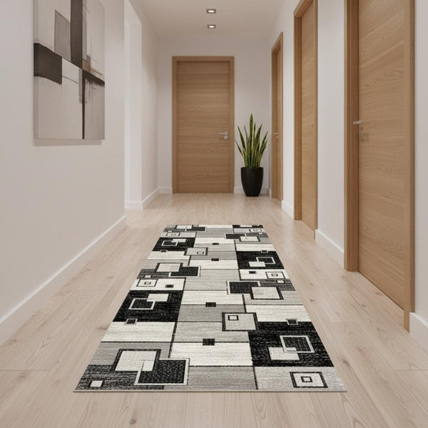 HomeRoots 16' Modern Gray and Black Geometric Runner Rug - Stain & Water-Resistant, Ideal for High-Traffic Areas 610148