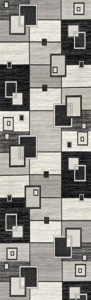 HomeRoots 16' Modern Gray and Black Geometric Runner Rug - Stain & Water-Resistant, Ideal for High-Traffic Areas 610148