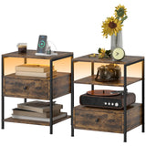 English Elm Homcom Set Of 2 End Tables With Charging Stations and Led Lights, 3-Tier Side Tables With Usb Ports and Outlets, Drawer and Shelves For Living Room, Rustic Brown