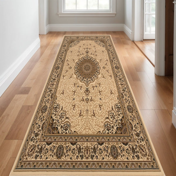 HomeRoots 25' Elegant Beige & Cream Oriental Runner Rug - Durable, Stain-Resistant, Ideal for High-Traffic Areas 610195