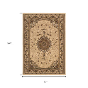 HomeRoots 25' Elegant Beige & Cream Oriental Runner Rug - Durable, Stain-Resistant, Ideal for High-Traffic Areas 610195