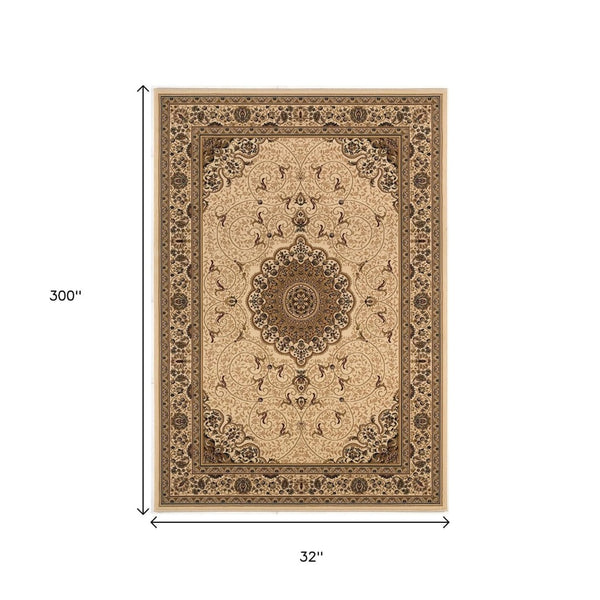 HomeRoots 25' Elegant Beige & Cream Oriental Runner Rug - Durable, Stain-Resistant, Ideal for High-Traffic Areas 610195