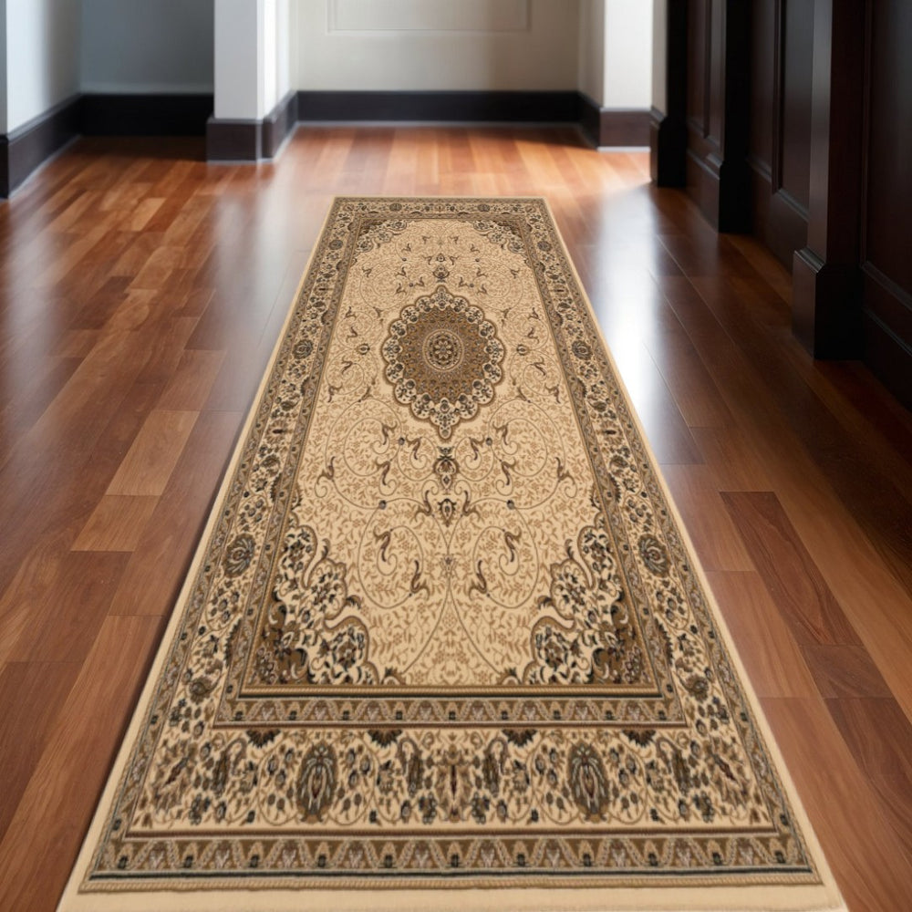 HomeRoots 20' Beige and Cream Oriental Runner Rug – Durable, Stain-Resistant Design for Timeless Hallway Charm 610196