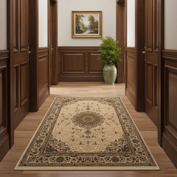 HomeRoots 19' Runner Beige and Cream Abstract Oriental Rug - Durable, Stylish, Stain-Resistant for High-Traffic Areas 610198
