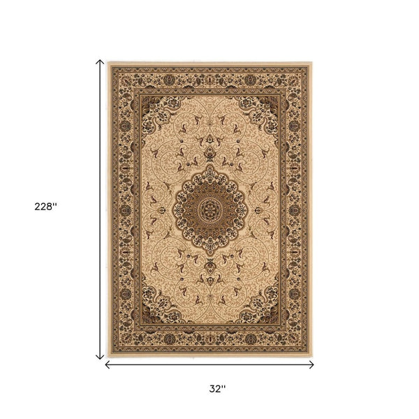 HomeRoots 19' Runner Beige and Cream Abstract Oriental Rug - Durable, Stylish, Stain-Resistant for High-Traffic Areas 610198