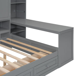 English Elm Full Size Wooden Daybed With Desk, Drawers, Shelves – Stylish Space-Saving Solution In Gray! N820S00055E