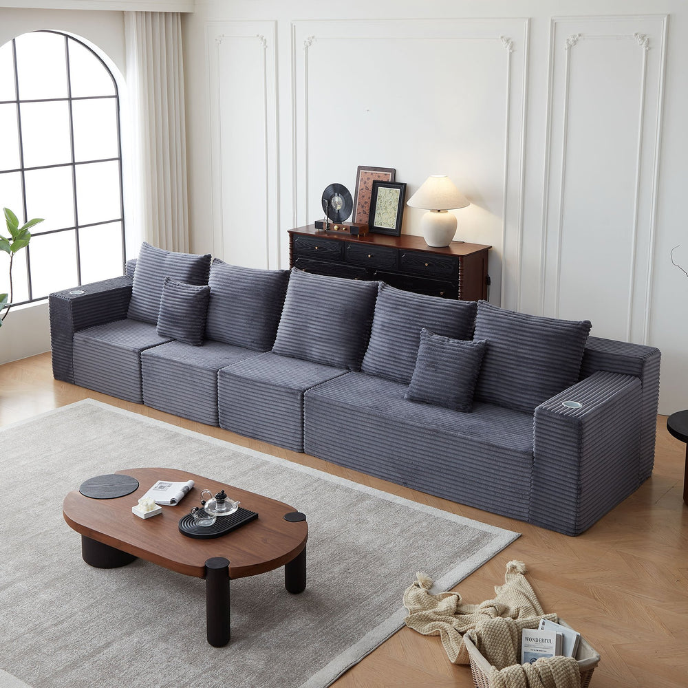 English Elm Deep Modular Cloud Couch In Dark Grey Corduroy: Oversized Comfort With Cup Holders, No Assembly! W848S00058