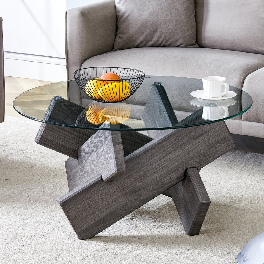 English Elm Round Tempered Glass Coffee Table with Sculptural Mdf Base for Modern Living Rooms Gray W1151P180317