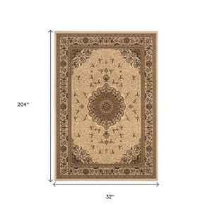 HomeRoots 17' Beige and Cream Oriental Runner Rug - Stylish, Stain-Resistant, Perfect for High-Traffic Areas 610200