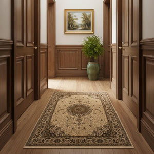 HomeRoots 16' Elegant Beige and Cream Oriental Runner Rug - Durable, Stain Resistant, Perfect for Hallways 610201