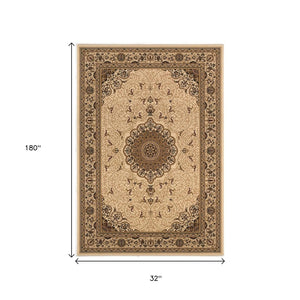 HomeRoots 15' Stylish Beige and Cream Oriental Runner Rug - Durable, Stain-Resistant, Perfect for High-Traffic Areas 610202