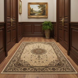 HomeRoots 15' Stylish Beige and Cream Oriental Runner Rug - Durable, Stain-Resistant, Perfect for High-Traffic Areas 610202
