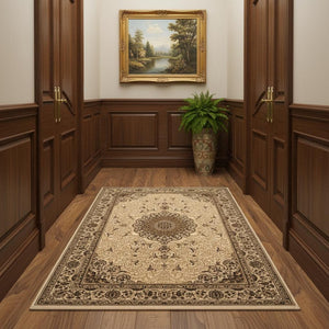 HomeRoots 13' Beige and Cream Oriental Runner Rug - Durable, Stain-Resistant, Elegant Low-Profile Design for High Traffic Areas 610204