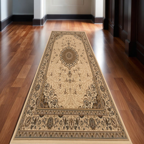 HomeRoots 11' Beige & Cream Oriental Runner Rug - Stain-Resistant, Durable, Perfect for High-Traffic Areas 610205