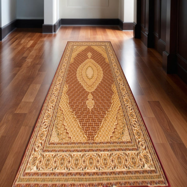 HomeRoots 18' Red and Beige Moroccan Runner Rug - Durable, Stain-Resistant Design for High Traffic Areas & Homes 610228