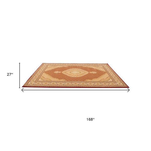 HomeRoots 14' Moroccan Runner Rug in Red & Beige - Durable, Stain Resistant, Ideal for High-Traffic Areas 610230