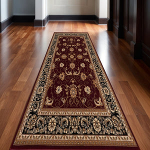 HomeRoots 14' Red And Black Oriental Runner Rug - Stylish, Stain-Resistant Design for High-Traffic Areas 610232