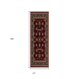 HomeRoots 14' Red And Black Oriental Runner Rug - Stylish, Stain-Resistant Design for High-Traffic Areas 610232