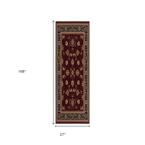 HomeRoots 14' Red And Black Oriental Runner Rug - Stylish, Stain-Resistant Design for High-Traffic Areas 610232
