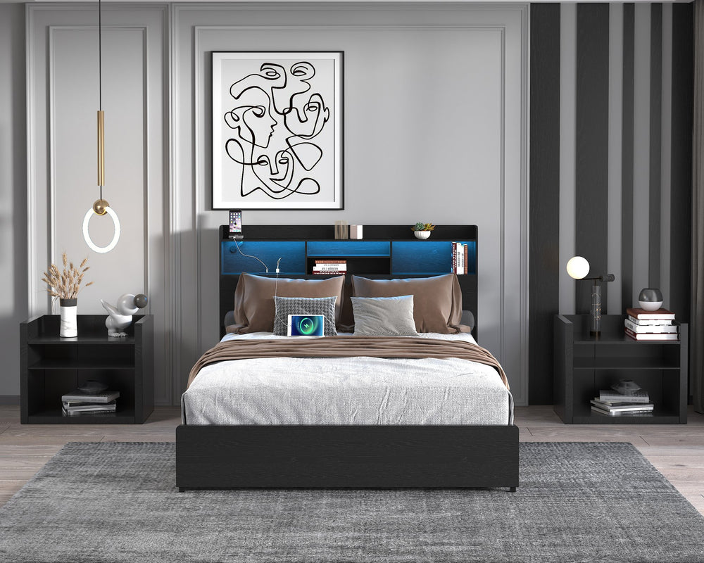 English Elm Full Bed Frame With 4 Storage Drawers, Led Charging Station, Quiet Design – Maximize Bedroom Style! W2129P387055