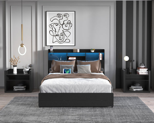 English Elm Full Bed Frame With 4 Storage Drawers, Led Charging Station, Quiet Design – Maximize Bedroom Style! W2129P387055