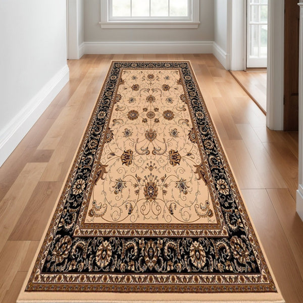 HomeRoots 14' Elegant Beige, Black & Brown Oriental Runner Rug - Durable, Stain-Resistant & Stylish Décor Accent 610240