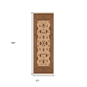 HomeRoots 30' Elegant Tan and Brown Oriental Area Rug – Durable, Stain-Resistant Runner Perfect for High-Traffic Spaces 14' Runner 610244