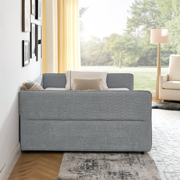 English Elm Daybed With Trundle - Stylish Upholstered Queen Sofa Bed In Grey Boucle With Storage Drawers W1413S00073