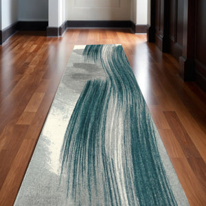 HomeRoots 2' Blue and White Abstract Runner Rug - Durable, Stain-Resistant, Perfect for High-Traffic Areas! 610253