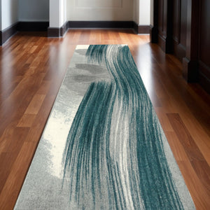 HomeRoots 14' Blue Abstract Runner Rug - Durable, Soft, Stain-Resistant Design for Hallways & High-Traffic Areas 610259
