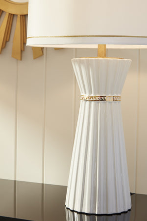 Wildwood Gold Faithful Lamp With Hourglass Silhouette, Hand‑Painted Greek Key, Off‑White Silk Shade, 33" 61028