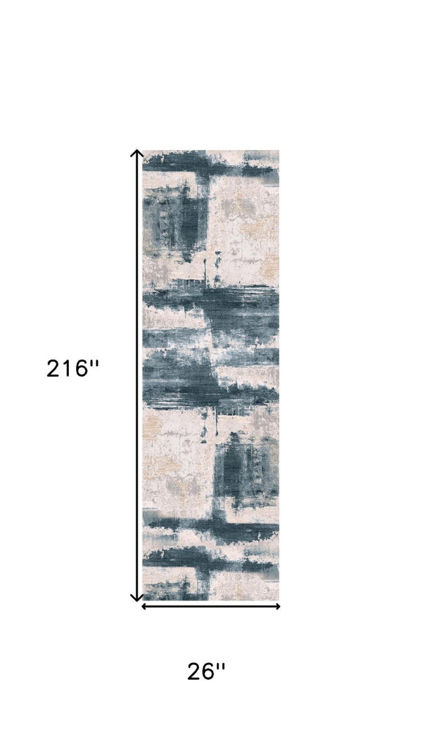 HomeRoots 11' Modern Blue and Beige Abstract Runner Rug – Stain-Resistant, Soft, Durable for High-Traffic Areas 610286