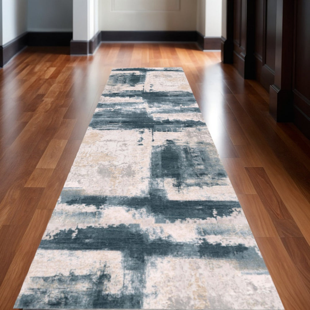 HomeRoots 11' Modern Blue and Beige Abstract Runner Rug – Stain-Resistant, Soft, Durable for High-Traffic Areas 610286