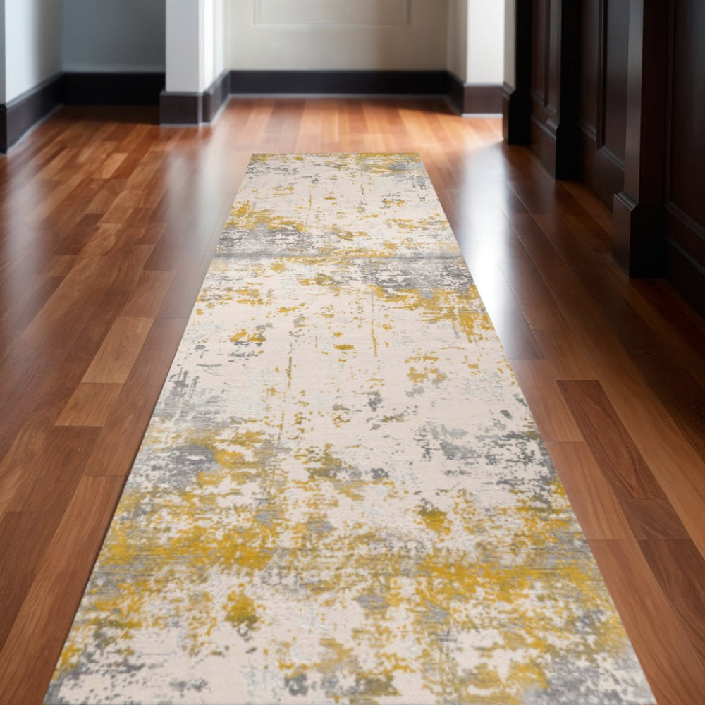 HomeRoots 16' Gold and Gray Abstract Runner Rug – Modern, Durable, Stain-Resistant for High-Traffic Areas 610288