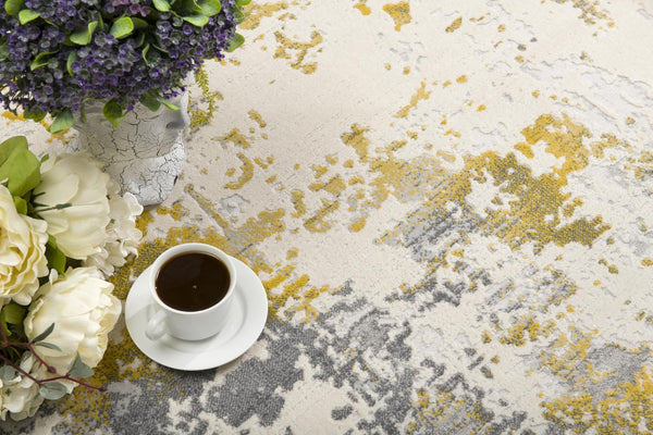 HomeRoots 14' Gold And Gray Abstract Runner Rug – Modern, Durable, Stain-Resistant for High-Traffic Spaces 610289