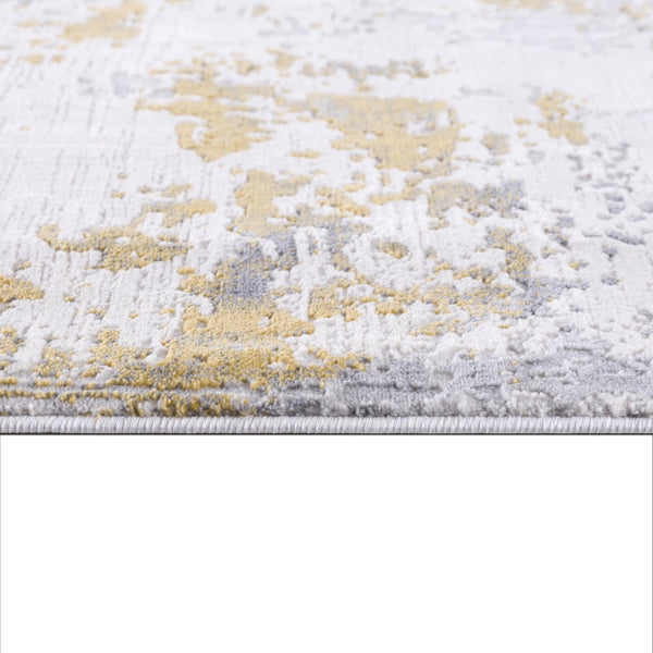HomeRoots 14' Gold And Gray Abstract Runner Rug – Modern, Durable, Stain-Resistant for High-Traffic Spaces 610289