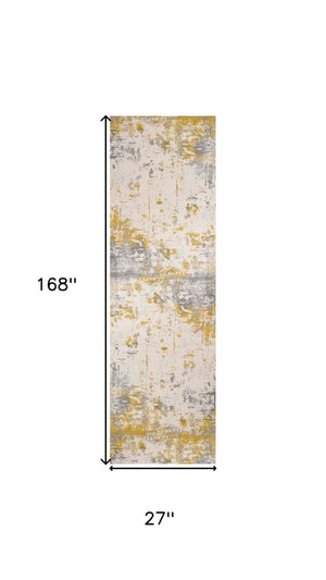 HomeRoots 14' Gold And Gray Abstract Runner Rug – Modern, Durable, Stain-Resistant for High-Traffic Spaces 610289