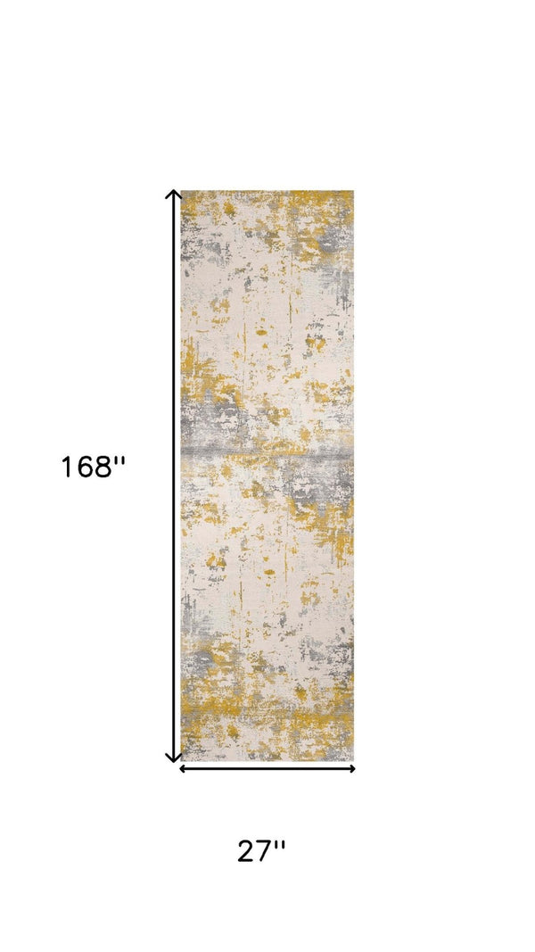 HomeRoots 14' Gold And Gray Abstract Runner Rug – Modern, Durable, Stain-Resistant for High-Traffic Spaces 610289