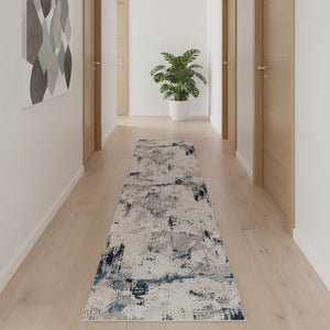 HomeRoots 18' Abstract Runner Rug in Blue, Beige & Gray - Soft, Stain-Resistant, Perfect for High-Traffic Areas 610291