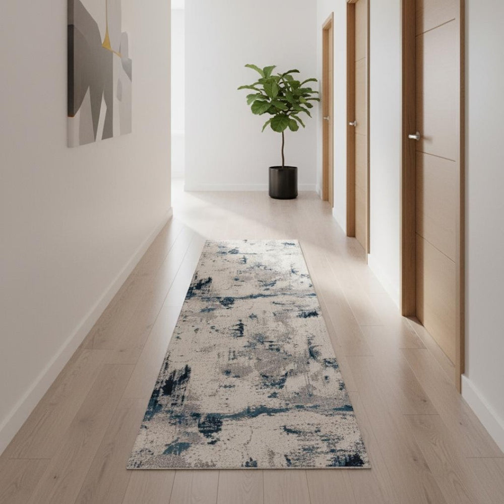 HomeRoots 16' Blue Beige and Gray Abstract Runner Rug - Stylish, Durable, and Soft for High-Traffic Areas 610292